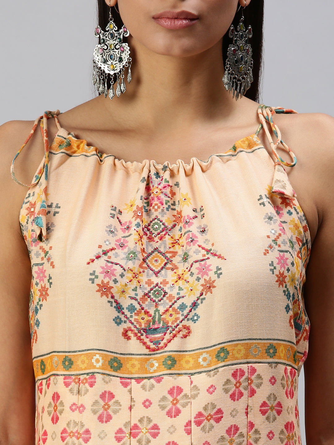Women's Peach Floral Printed Keyhole Neck Anarkali Kurta