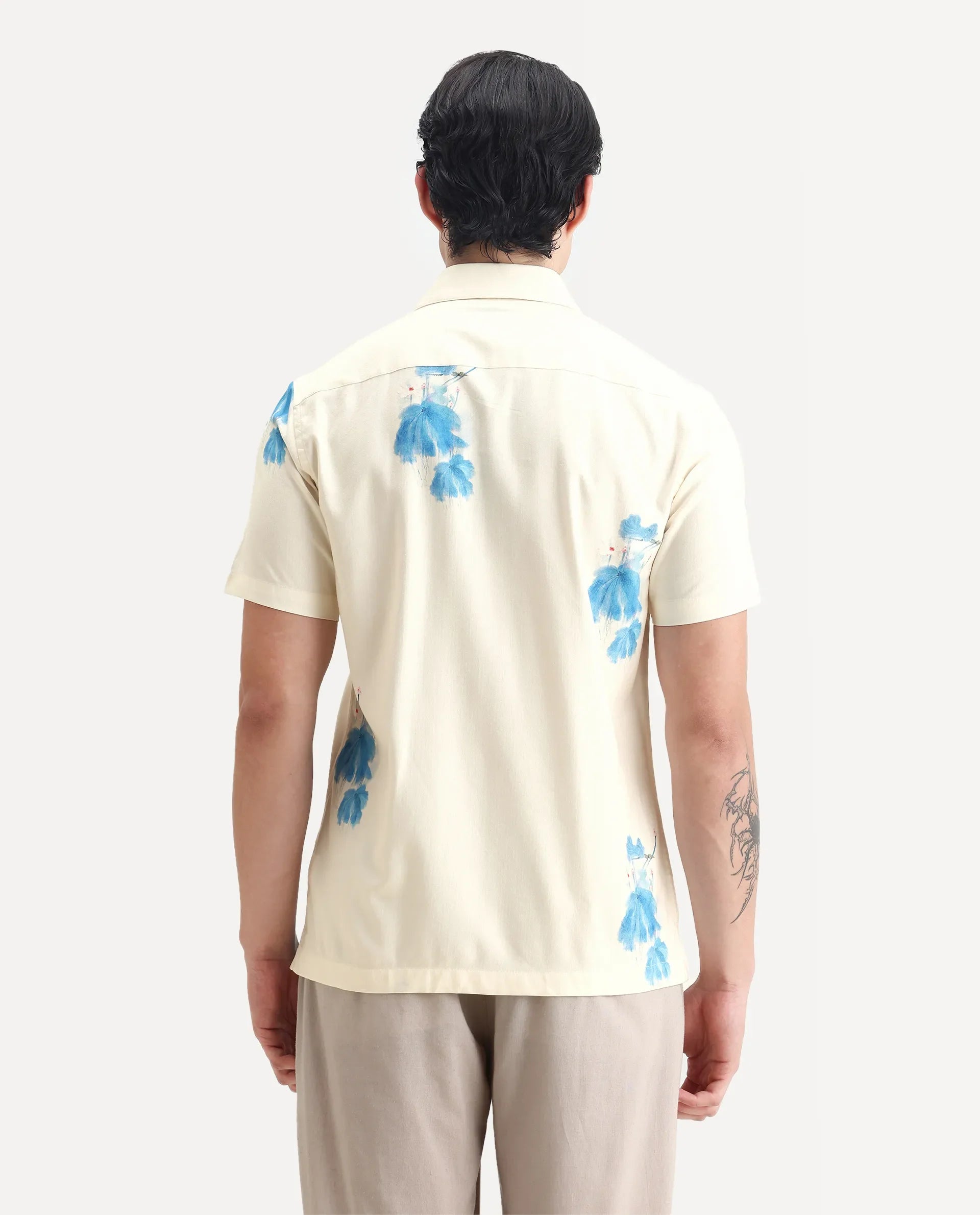 Rare Rabbit Men's Gazar Off White Viscose Blend Floral Print Regular Fit Half Sleeve Collared Shirt
