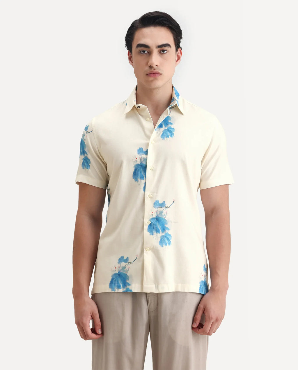 Rare Rabbit Men's Gazar Off White Viscose Blend Floral Print Regular Fit Half Sleeve Collared Shirt