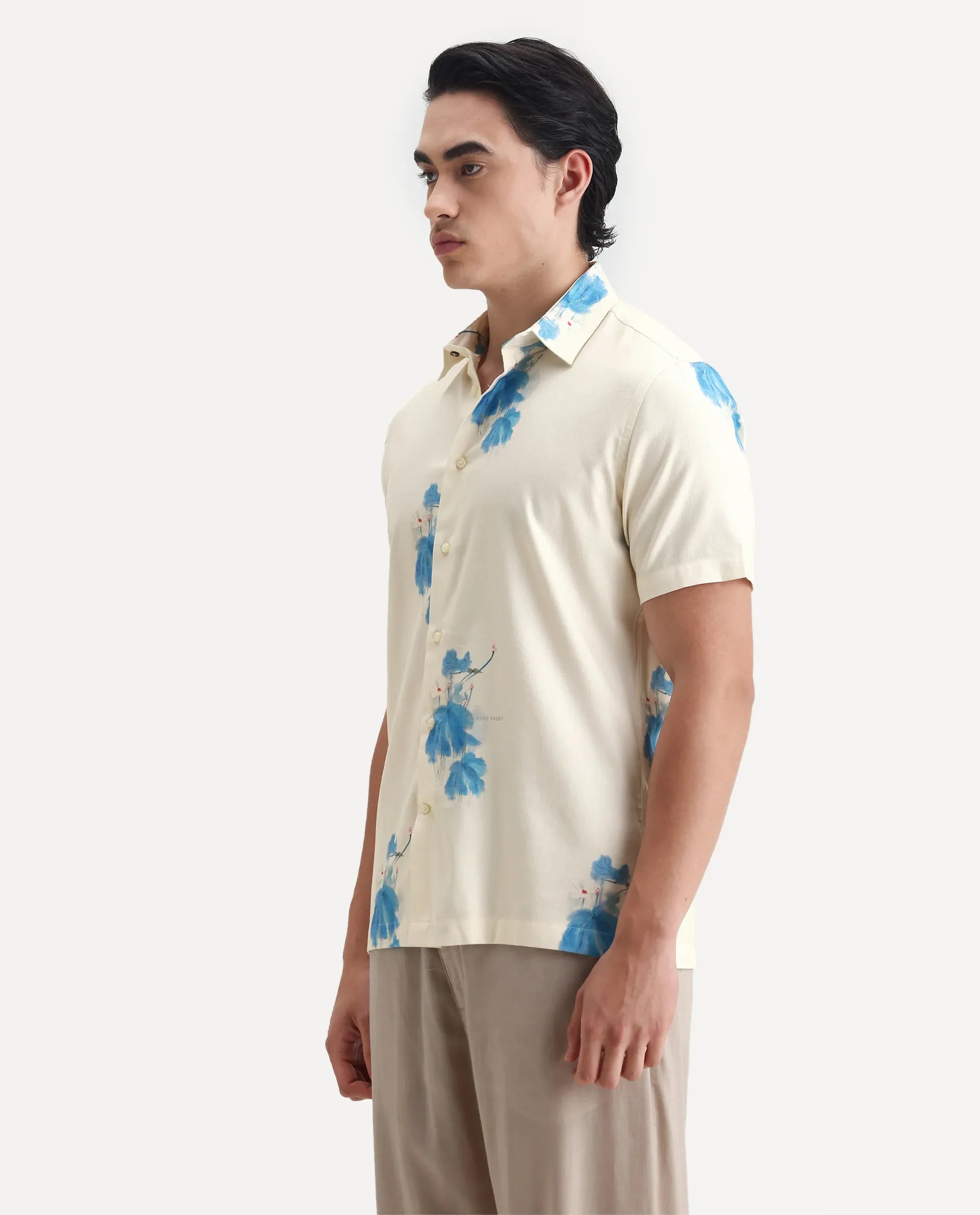 Rare Rabbit Men's Gazar Off White Viscose Blend Floral Print Regular Fit Half Sleeve Collared Shirt