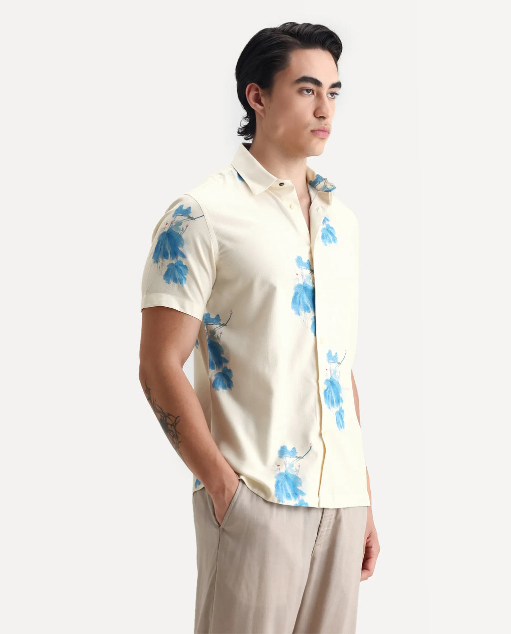 Rare Rabbit Men's Gazar Off White Viscose Blend Floral Print Regular Fit Half Sleeve Collared Shirt