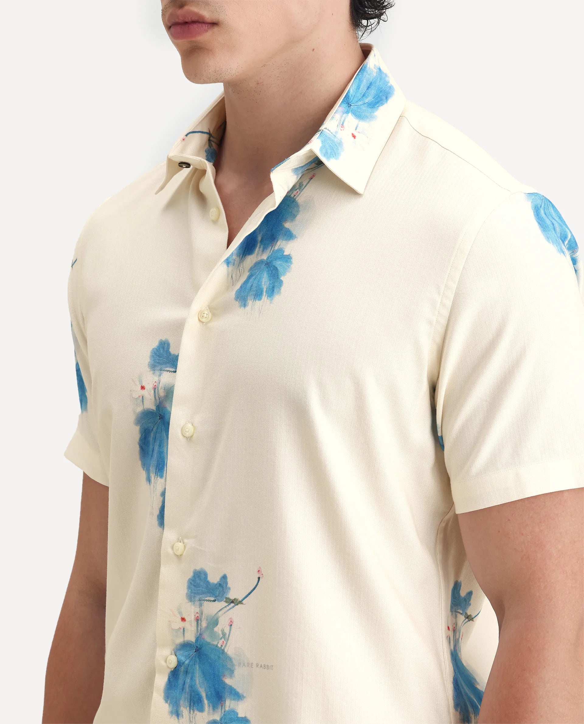Rare Rabbit Men's Gazar Off White Viscose Blend Floral Print Regular Fit Half Sleeve Collared Shirt