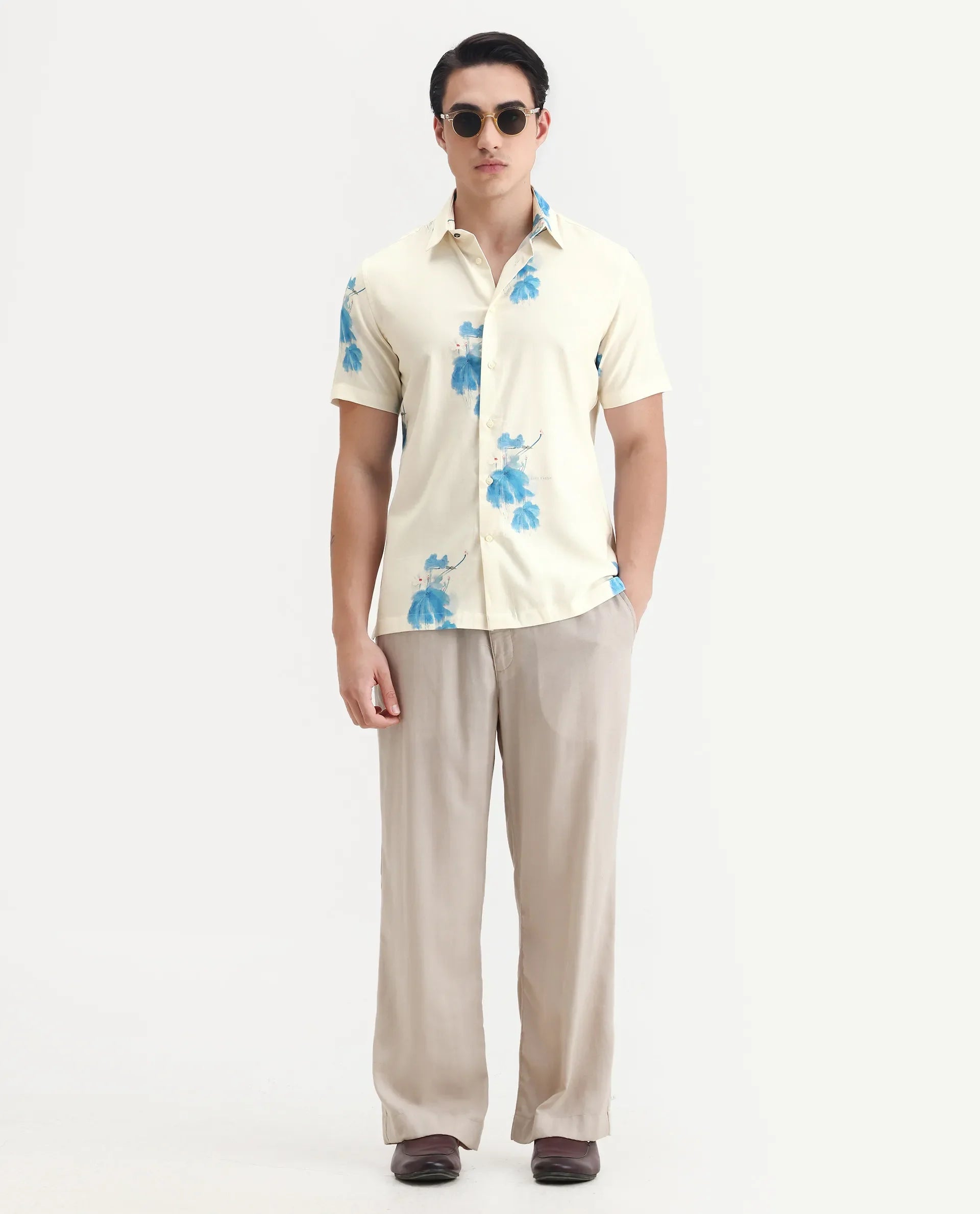 Rare Rabbit Men's Gazar Off White Viscose Blend Floral Print Regular Fit Half Sleeve Collared Shirt
