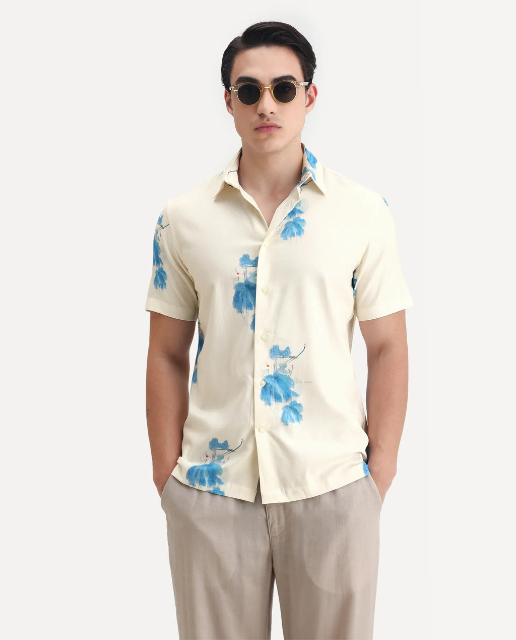 Rare Rabbit Men's Gazar Off White Viscose Blend Floral Print Regular Fit Half Sleeve Collared Shirt