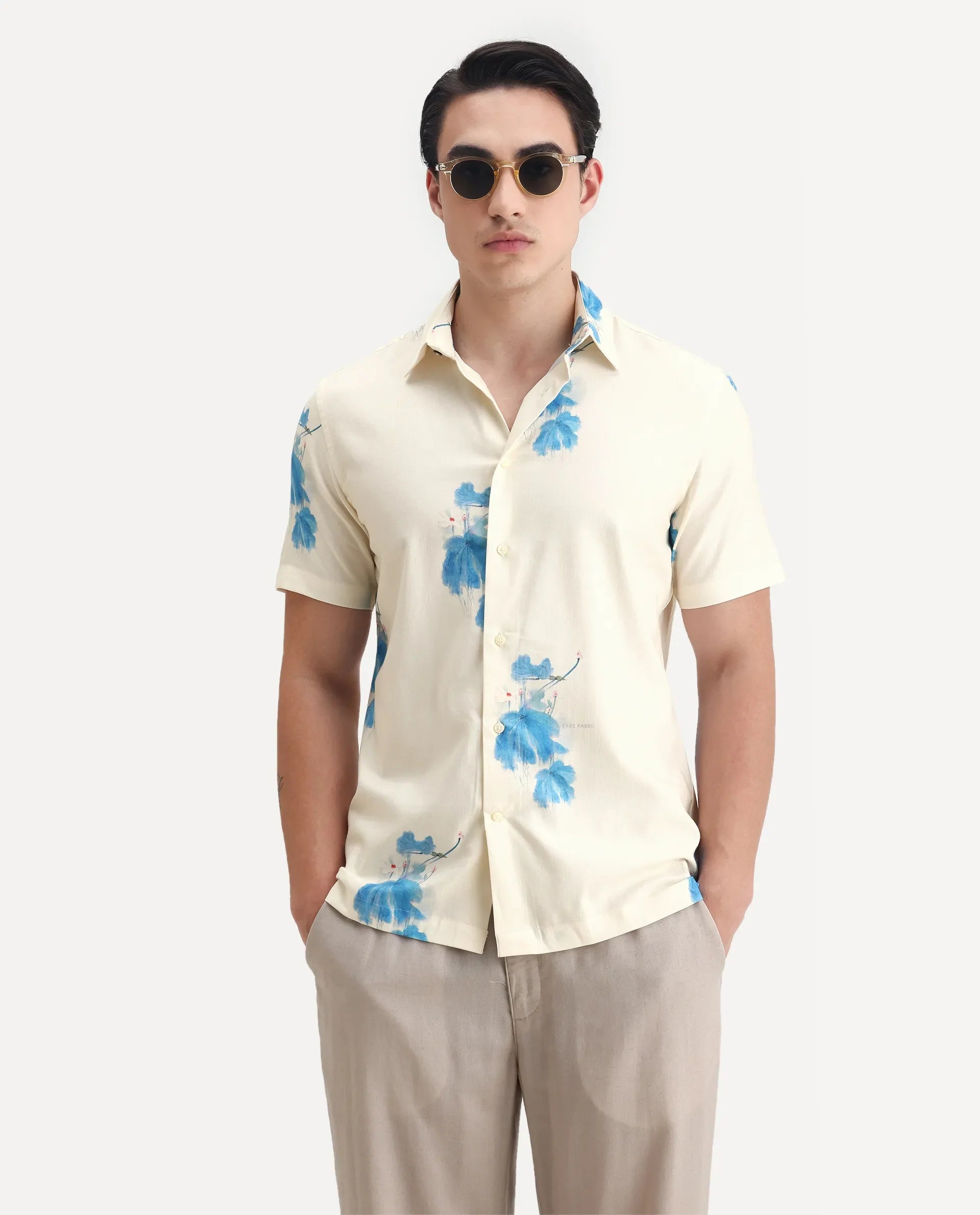 Rare Rabbit Men's Gazar Off White Viscose Blend Floral Print Regular Fit Half Sleeve Collared Shirt