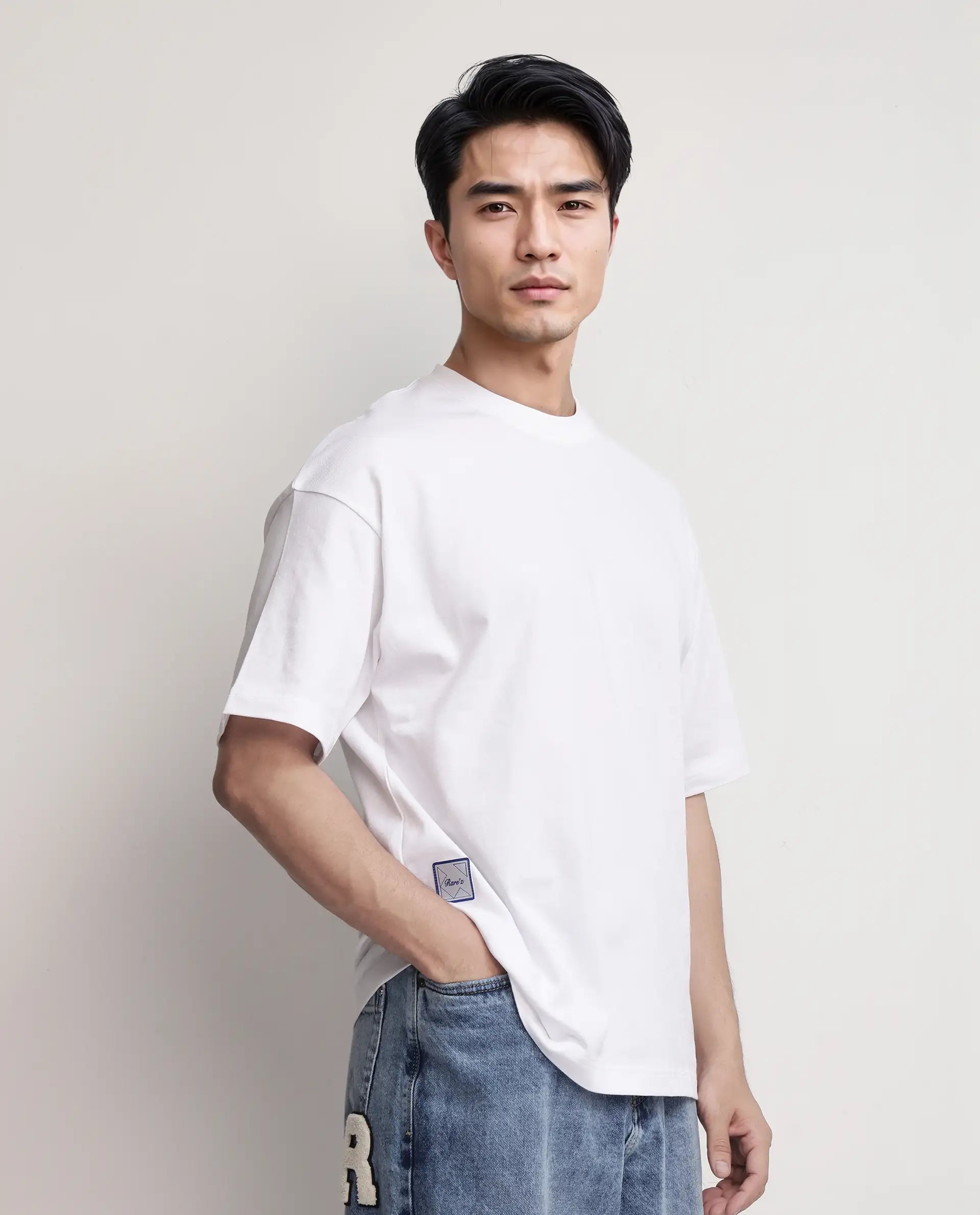 Rare Rabbit Men's Geon White Cotton Graphic Print Oversized Fit Half Sleeve Crew Neck T-Shirt