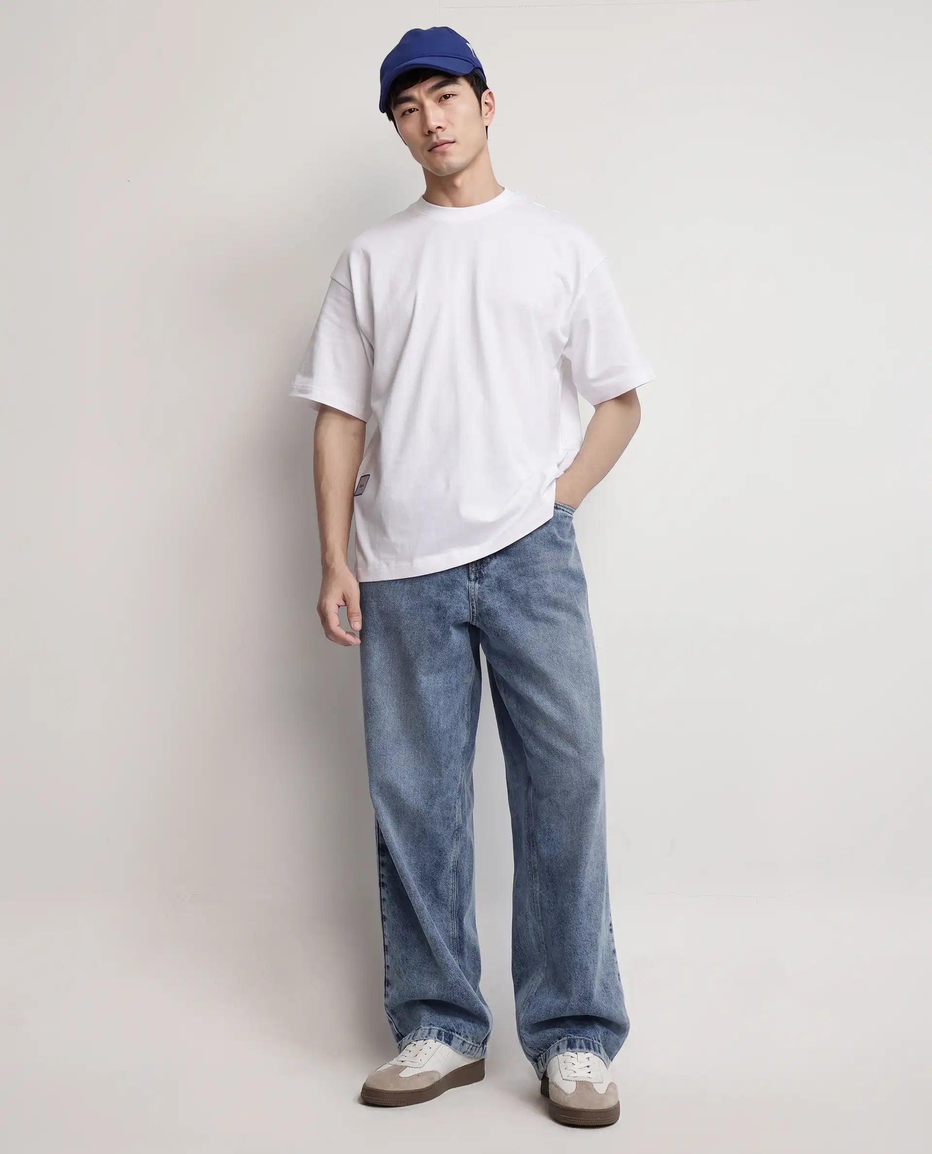 Rare Rabbit Men's Geon White Cotton Graphic Print Oversized Fit Half Sleeve Crew Neck T-Shirt