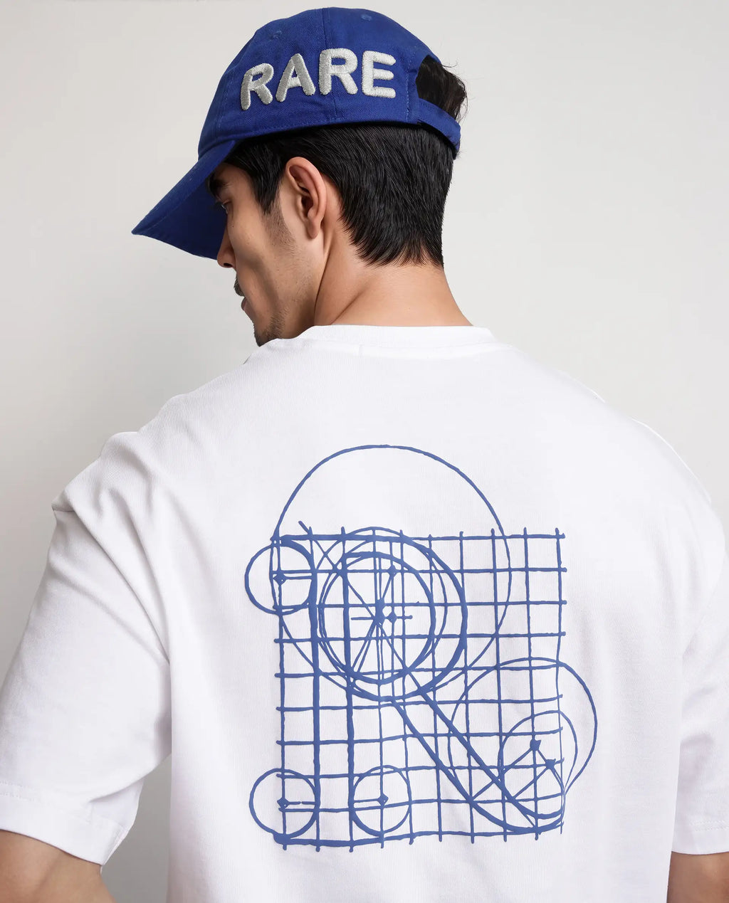 Rare Rabbit Men's Geon White Cotton Graphic Print Oversized Fit Half Sleeve Crew Neck T-Shirt