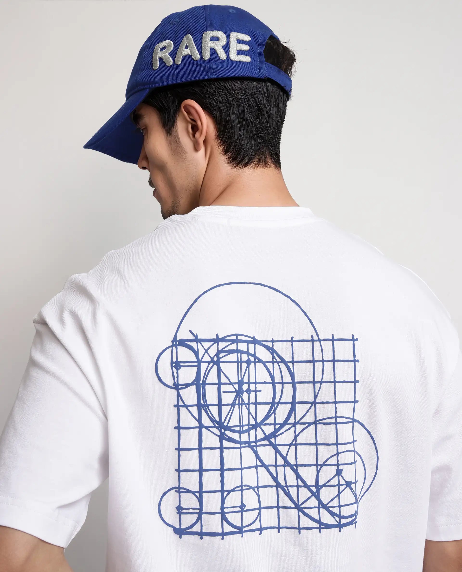 Rare Rabbit Men's Geon White Cotton Graphic Print Oversized Fit Half Sleeve Crew Neck T-Shirt