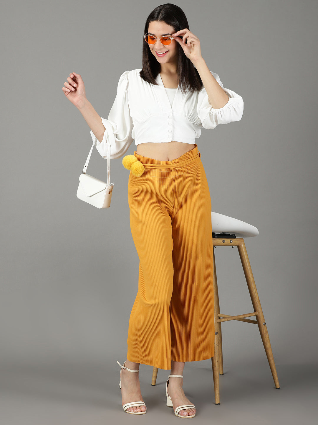Women's Mustard Mid-Rise Relaxed Straight Fit Trousers