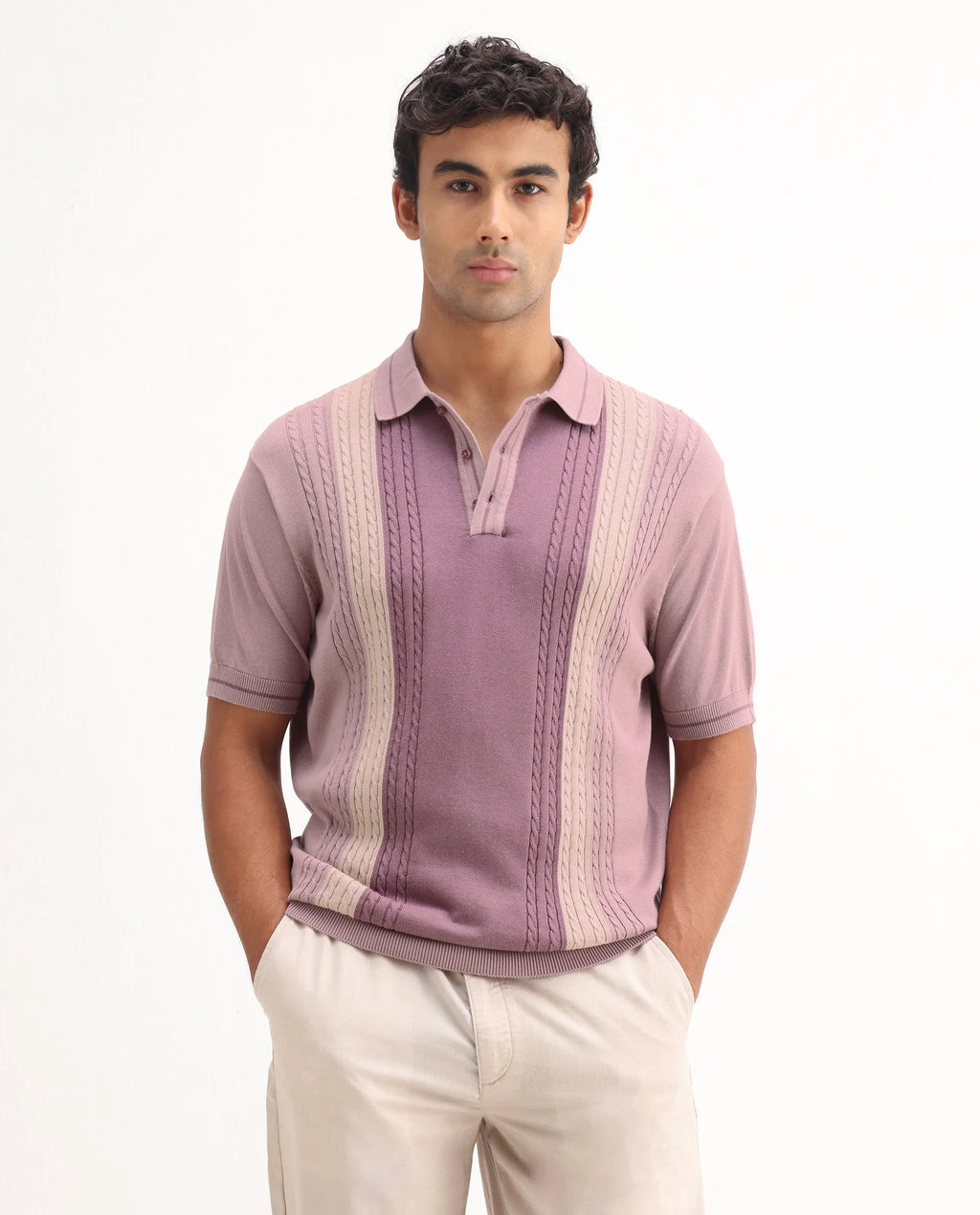 Rare Rabbit Men's Giff Dusky Pink Cotton Textured Regular Fit Half Sleeve Polo