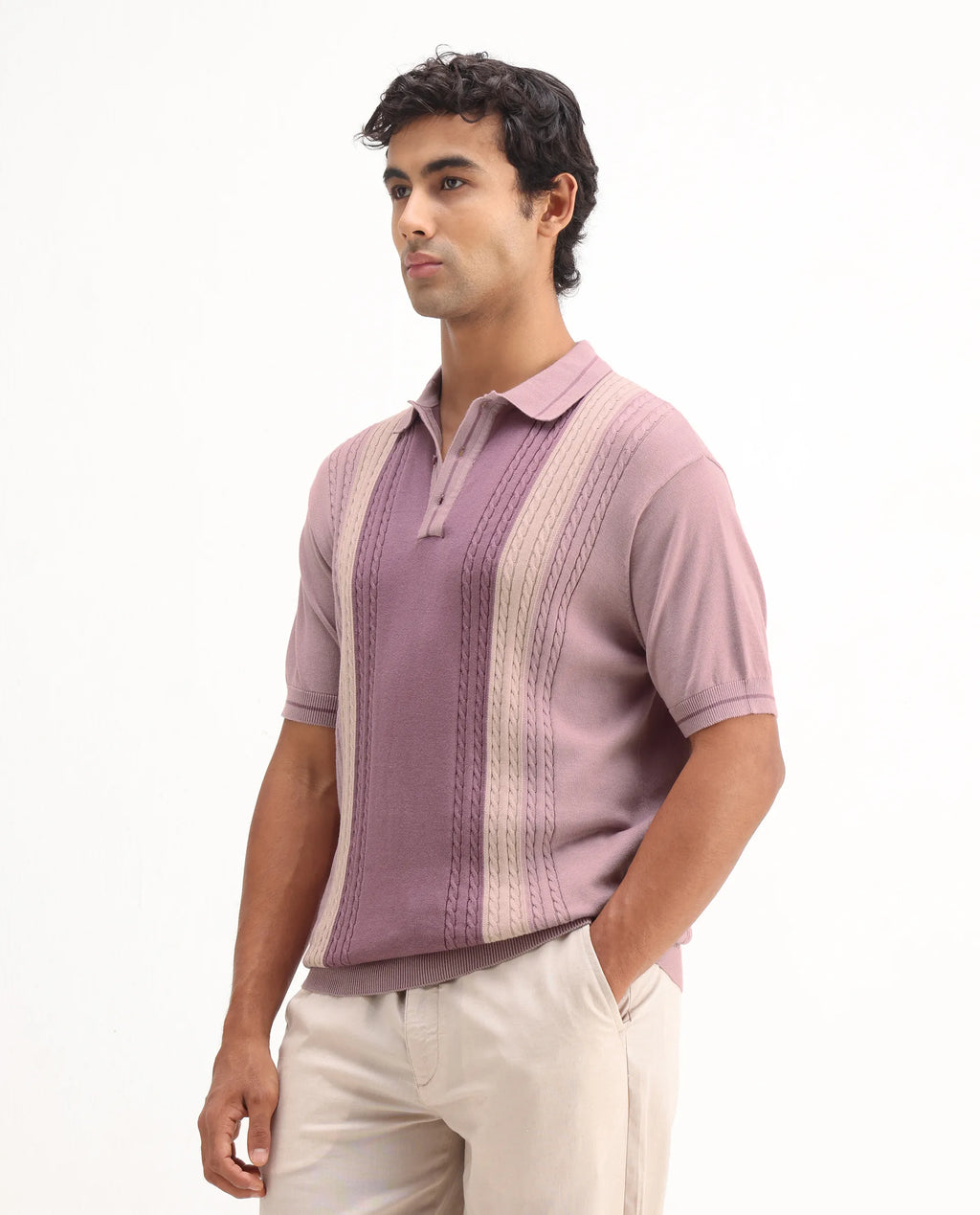 Rare Rabbit Men's Giff Dusky Pink Cotton Textured Regular Fit Half Sleeve Polo