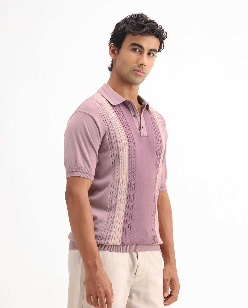 Rare Rabbit Men's Giff Dusky Pink Cotton Textured Regular Fit Half Sleeve Polo