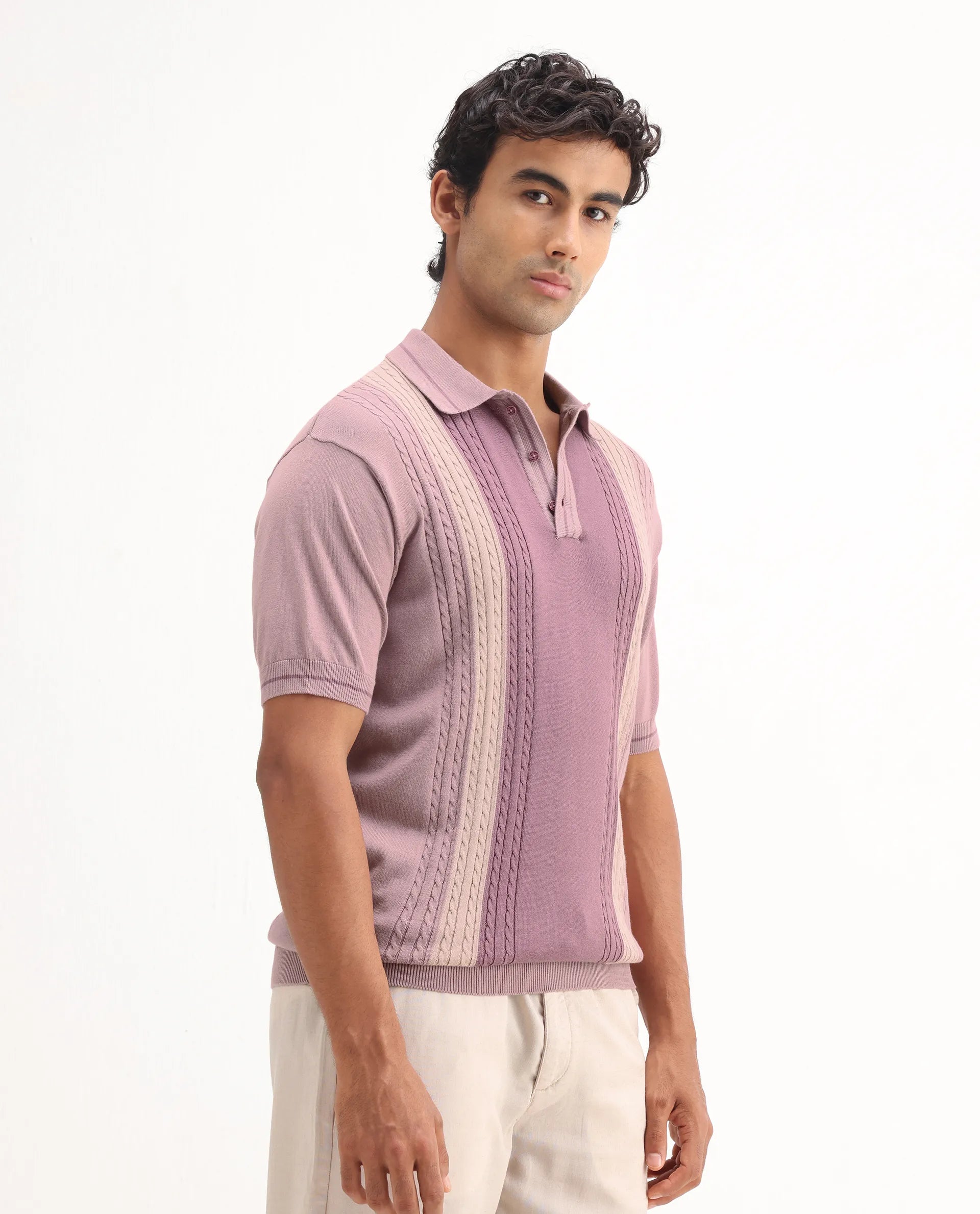 Rare Rabbit Men's Giff Dusky Pink Cotton Textured Regular Fit Half Sleeve Polo