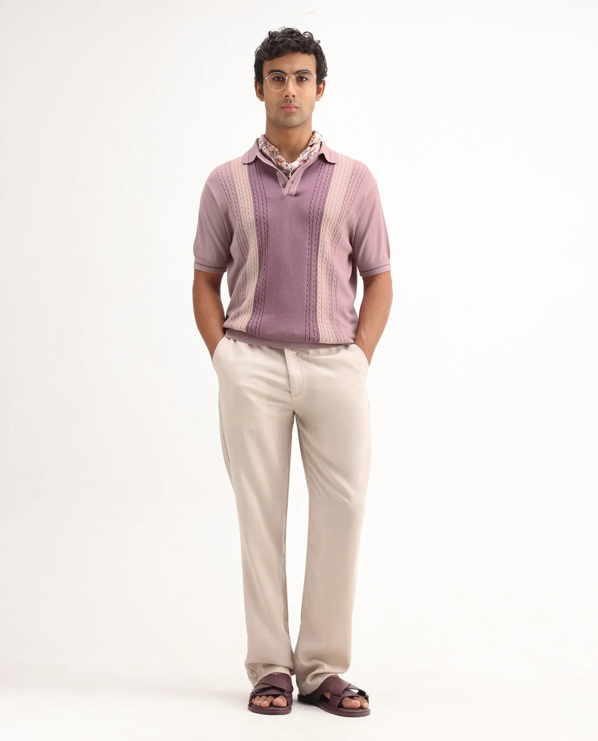 Rare Rabbit Men's Giff Dusky Pink Cotton Textured Regular Fit Half Sleeve Polo