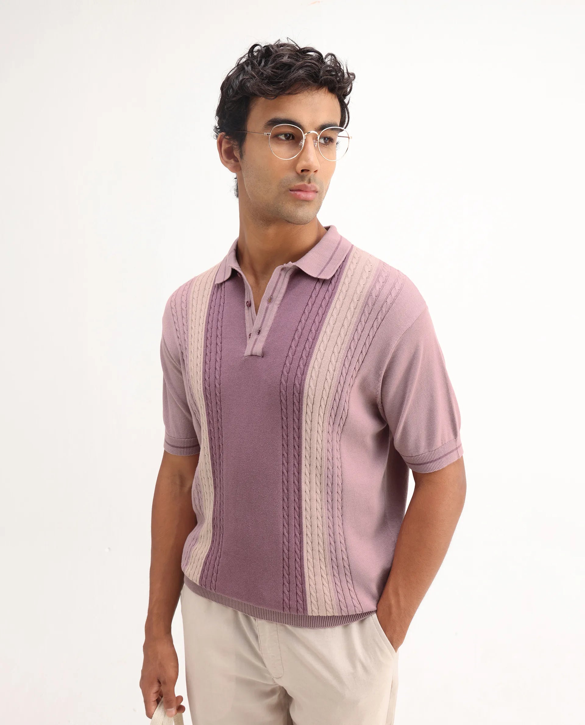 Rare Rabbit Men's Giff Dusky Pink Cotton Textured Regular Fit Half Sleeve Polo