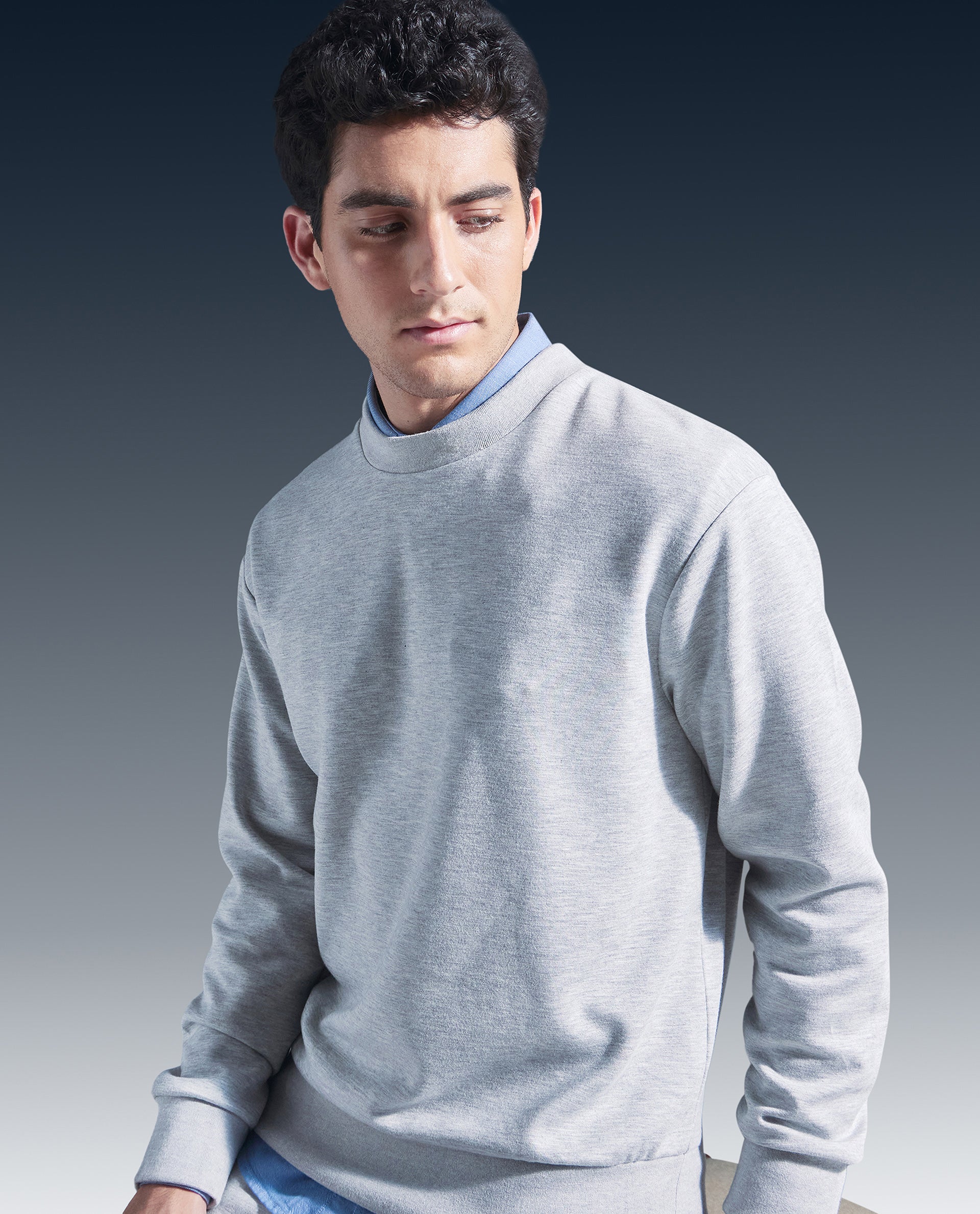 Rare Rabbit Men's Renzi Melange Grey Modal Plain Boxy Fit Full Sleeve Crew Neck Sweatshirt