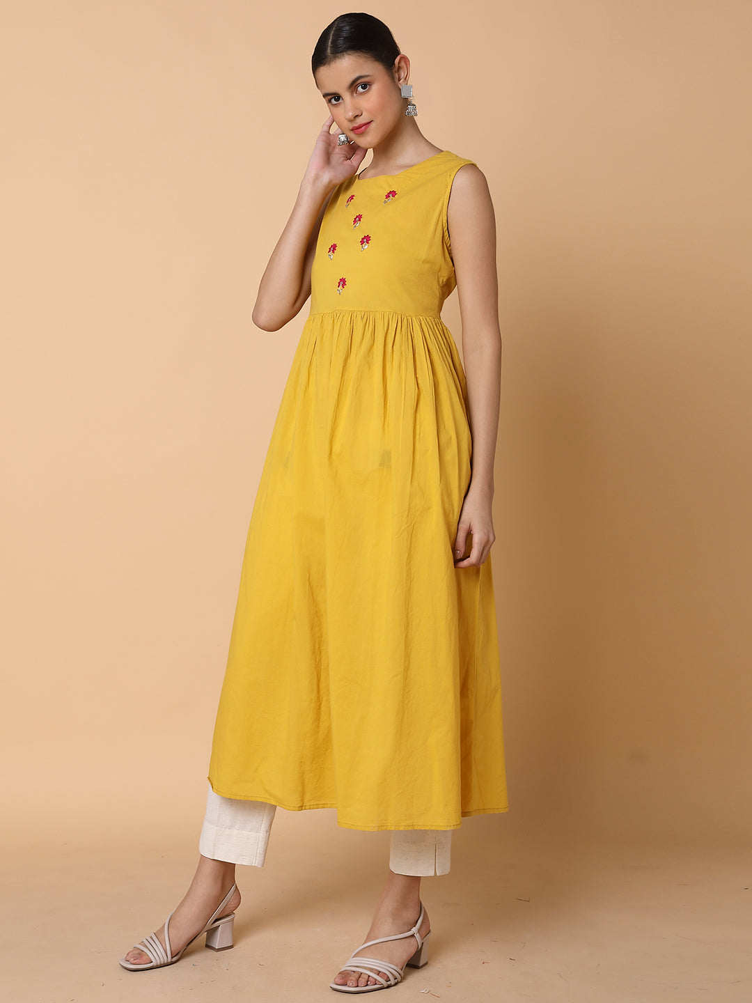 Women's Mustard Embroidered Beaded Anarkali Kurta With Longline Jacket