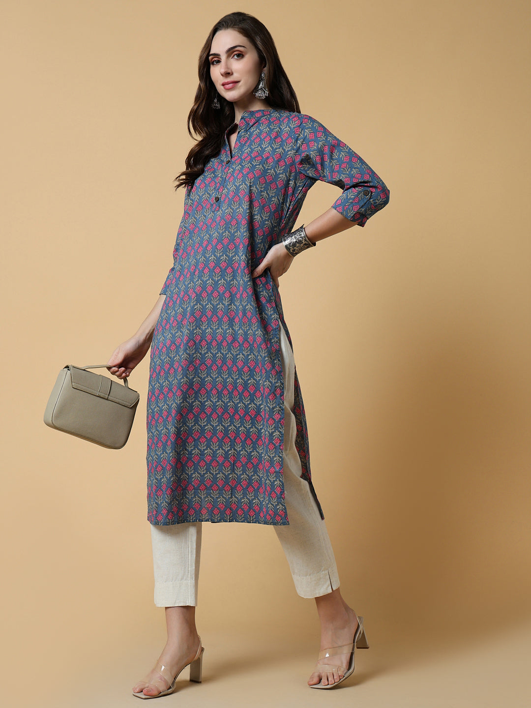 Women's Floral Blue Straight Kurta