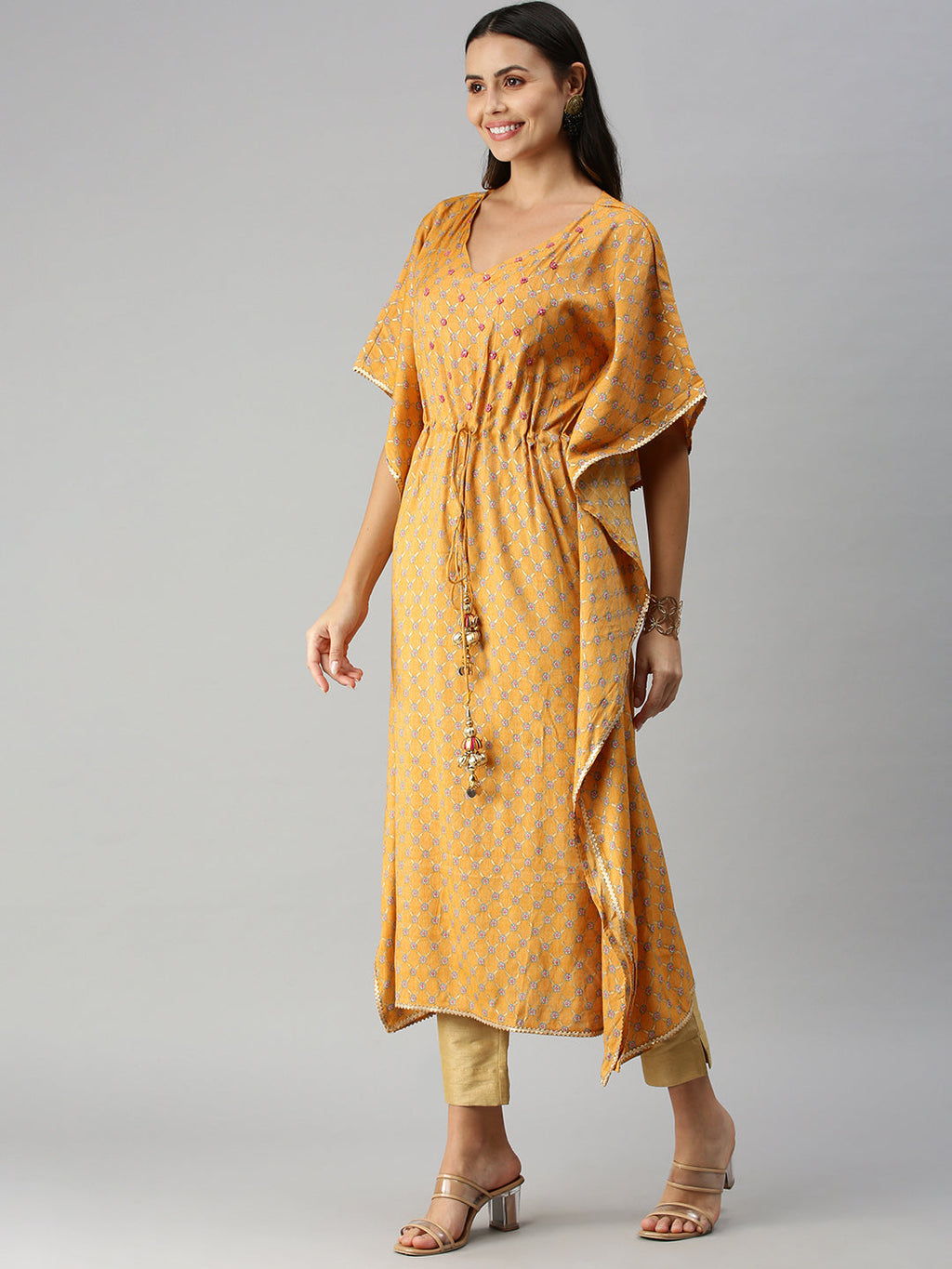 Women's Mustard Multi Floral Kaftan Kurta