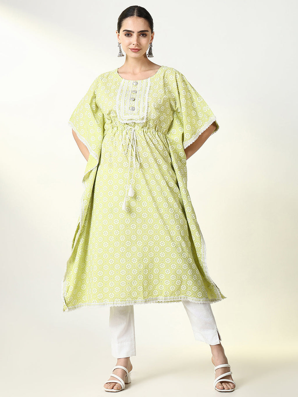 Women's Green Geometric Kaftan Kurta