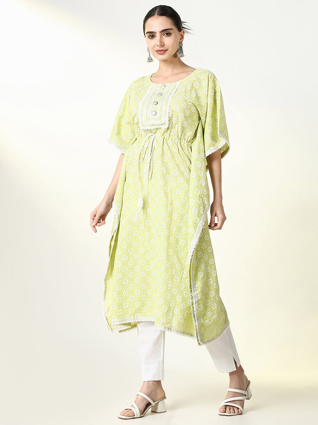 Women's Green Geometric Kaftan Kurta