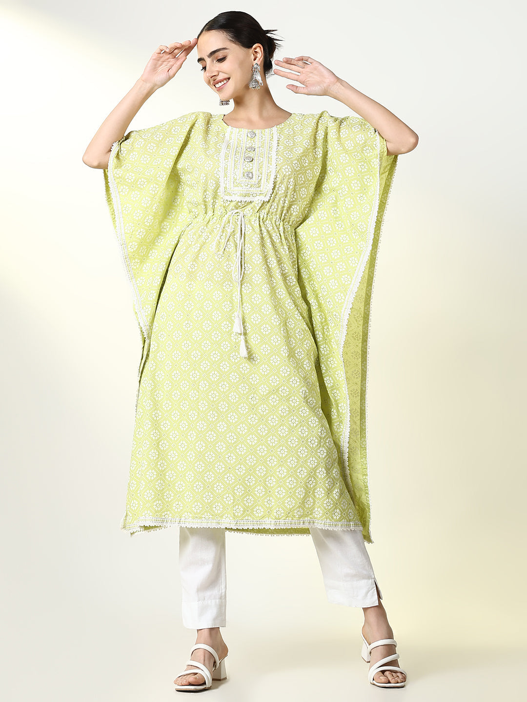 Women's Green Geometric Kaftan Kurta