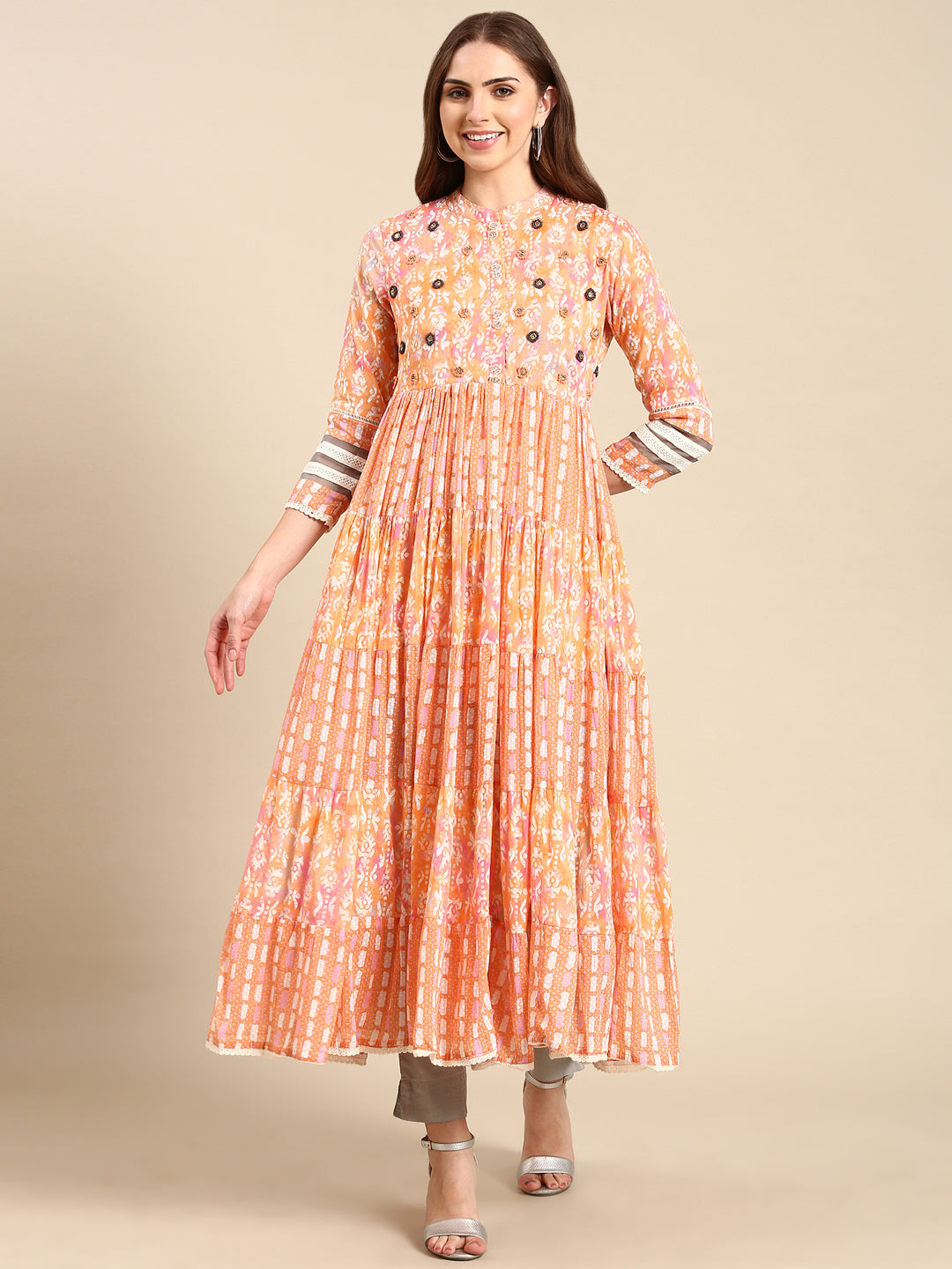Women's Peach Thread Work Tiering Anarkali Kurta