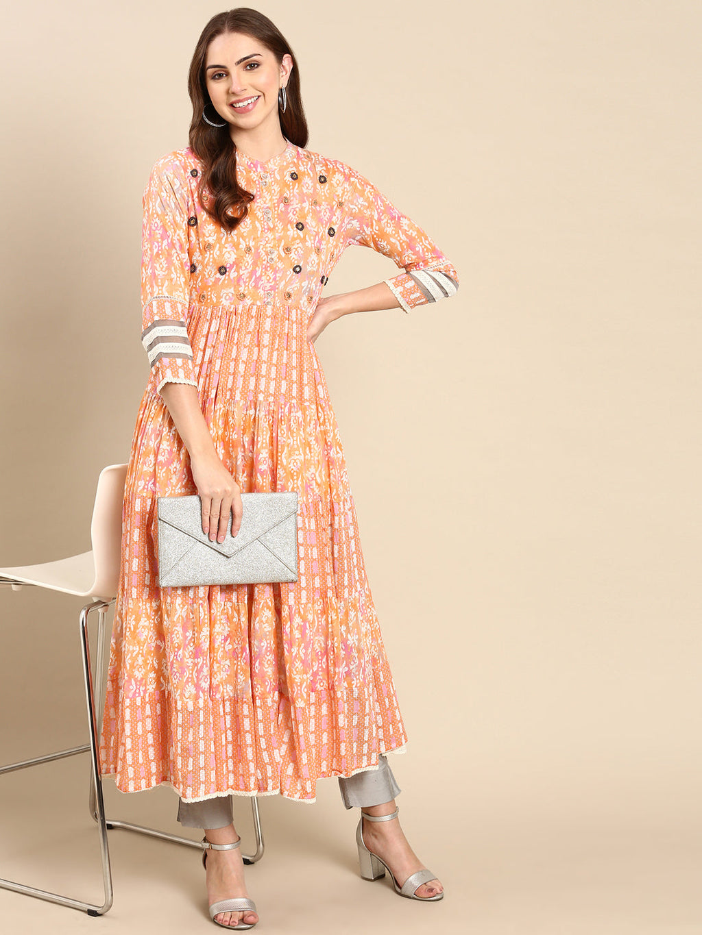 Women's Peach Thread Work Tiering Anarkali Kurta