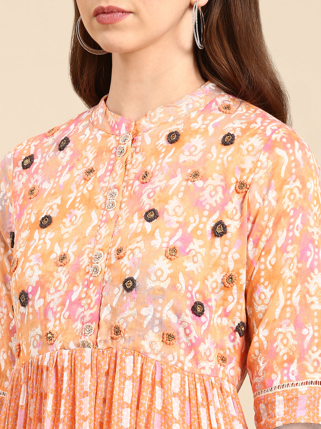 Women's Peach Thread Work Tiering Anarkali Kurta