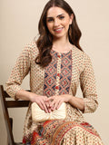Women's Beige Ethnic Motifs Printed Mirror Anarkali Kurta