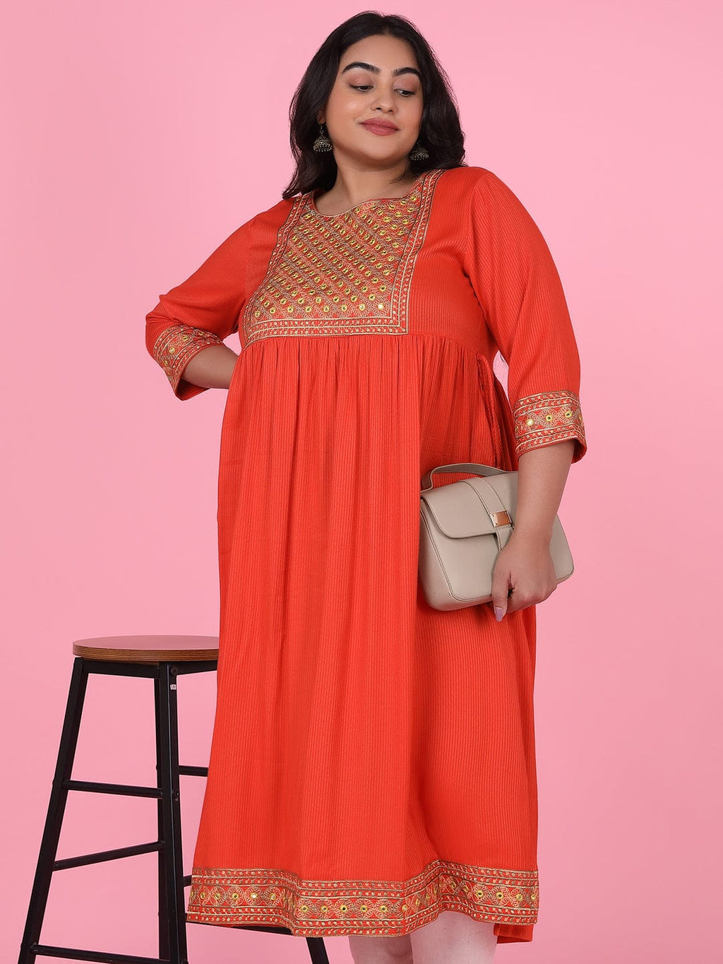 Women's Orange Woven Design A Line Kurta