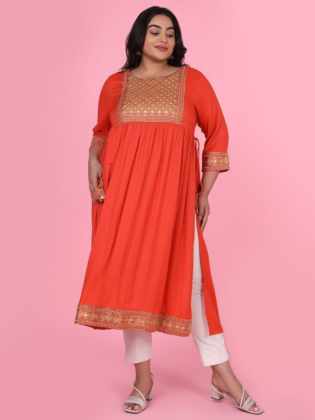 Women's Orange Woven Design A Line Kurta