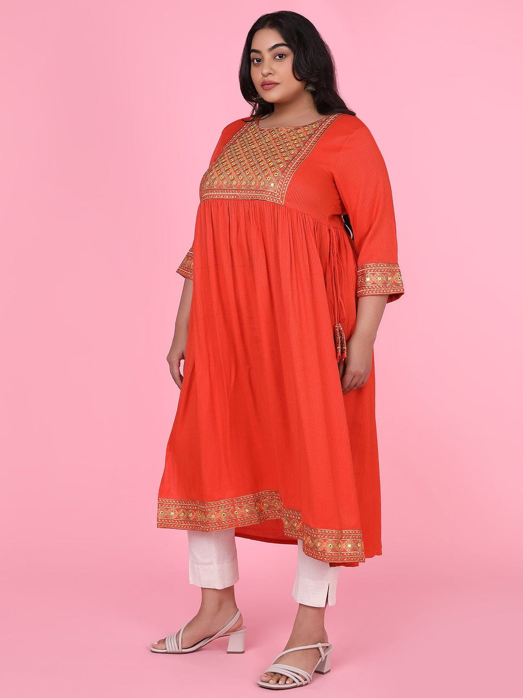 Women's Orange Woven Design A Line Kurta