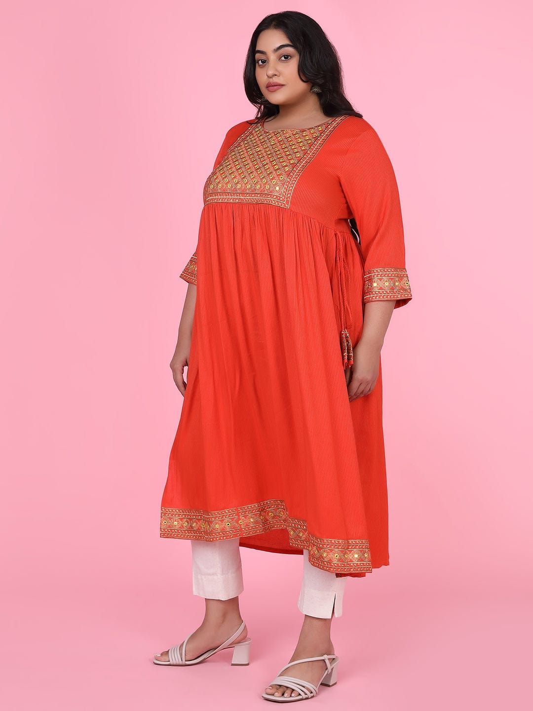 Women's Orange Woven Design A Line Kurta