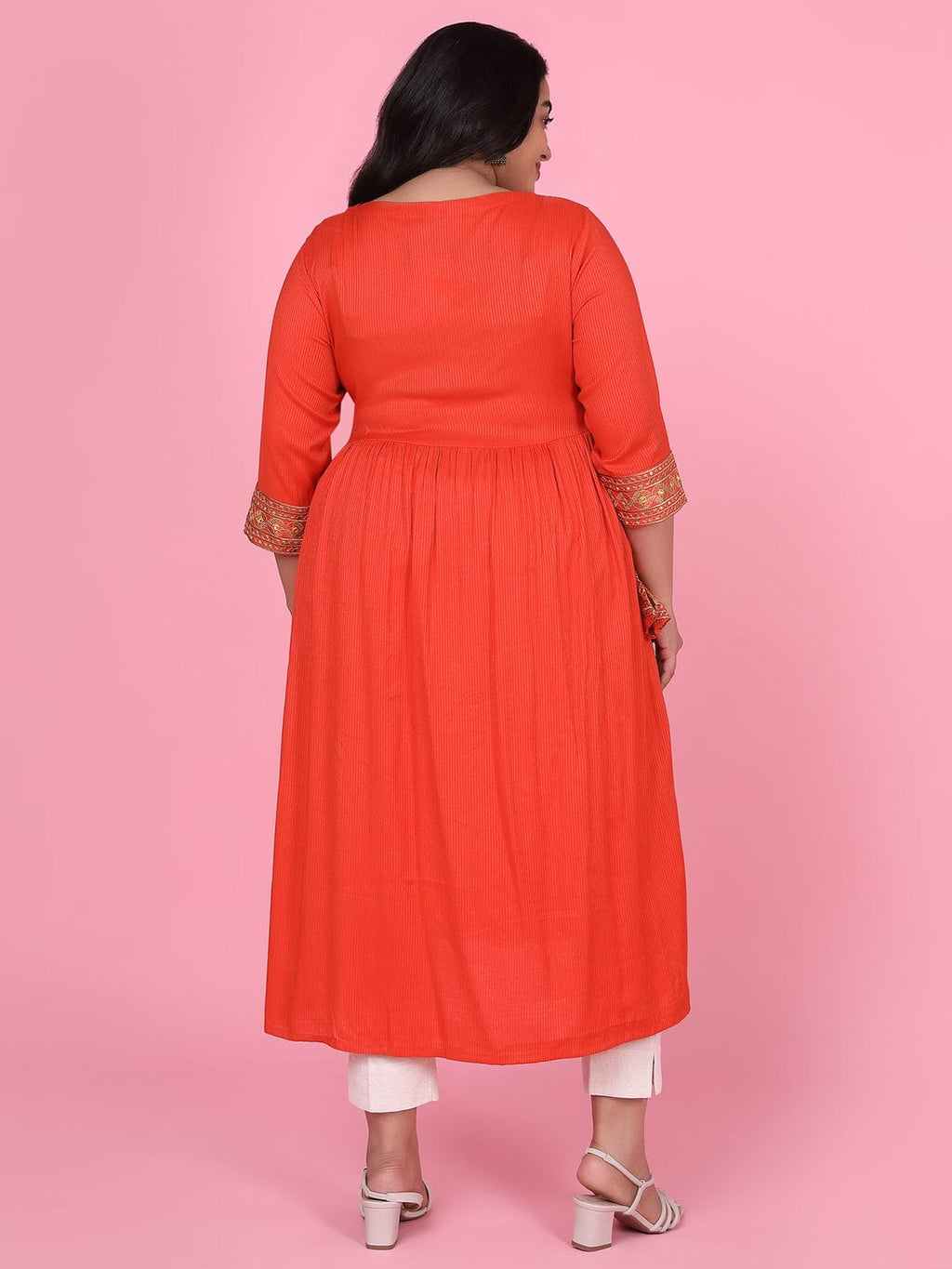 Women's Orange Woven Design A Line Kurta