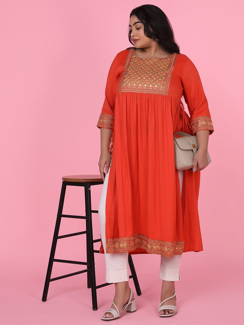 Women's Orange Woven Design A Line Kurta