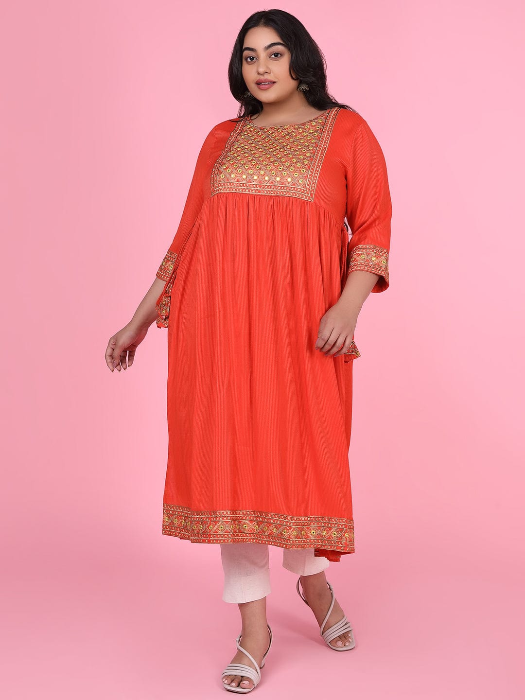 Women's Orange Woven Design A Line Kurta