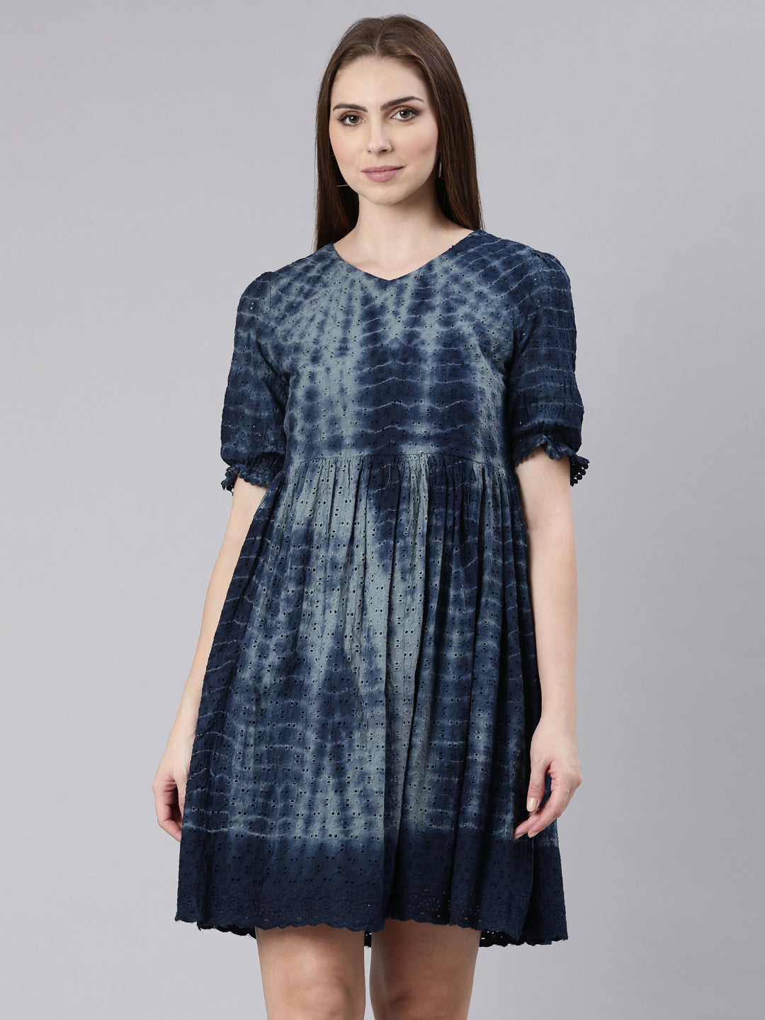 Women's Navy Blue Self Design Cotton Puff Sleeves Empire Dress