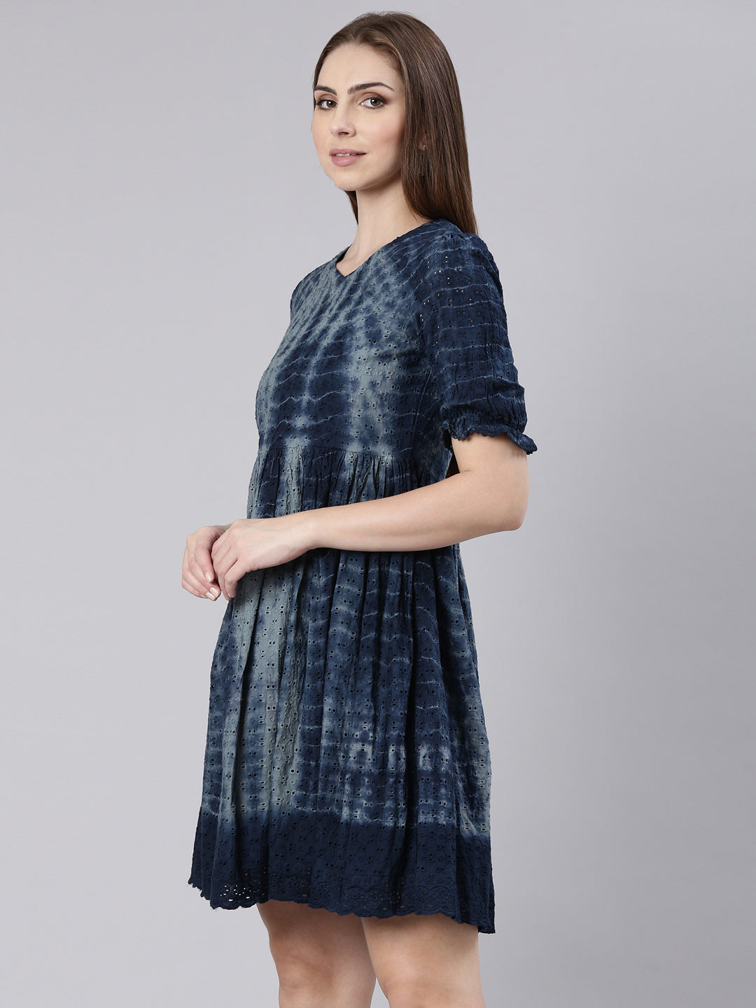 Women's Navy Blue Self Design Cotton Puff Sleeves Empire Dress