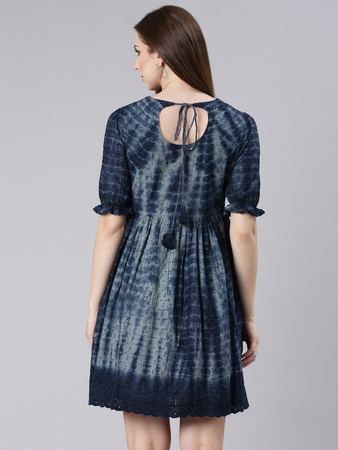 Women's Navy Blue Self Design Cotton Puff Sleeves Empire Dress