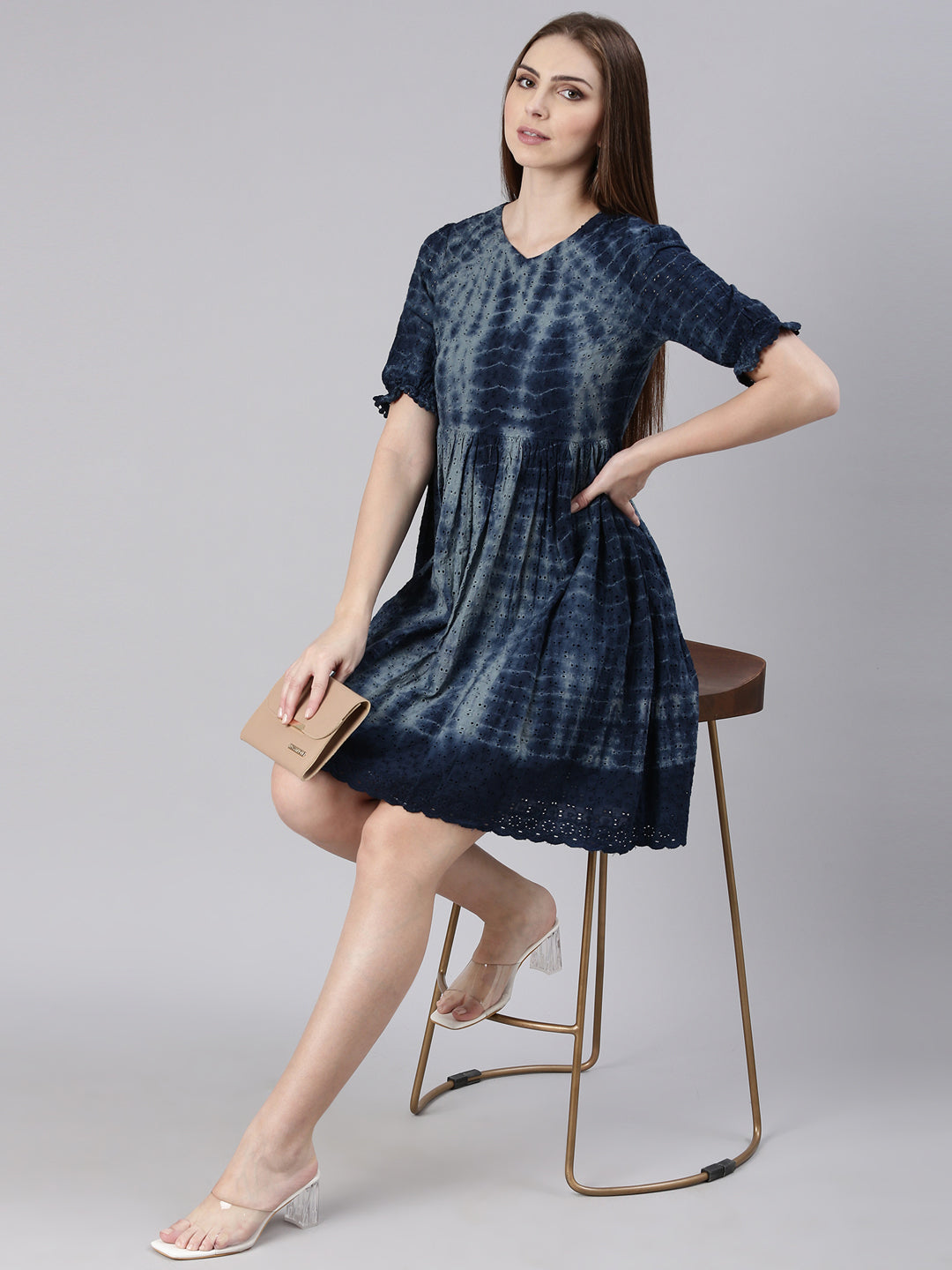 Women's Navy Blue Self Design Cotton Puff Sleeves Empire Dress