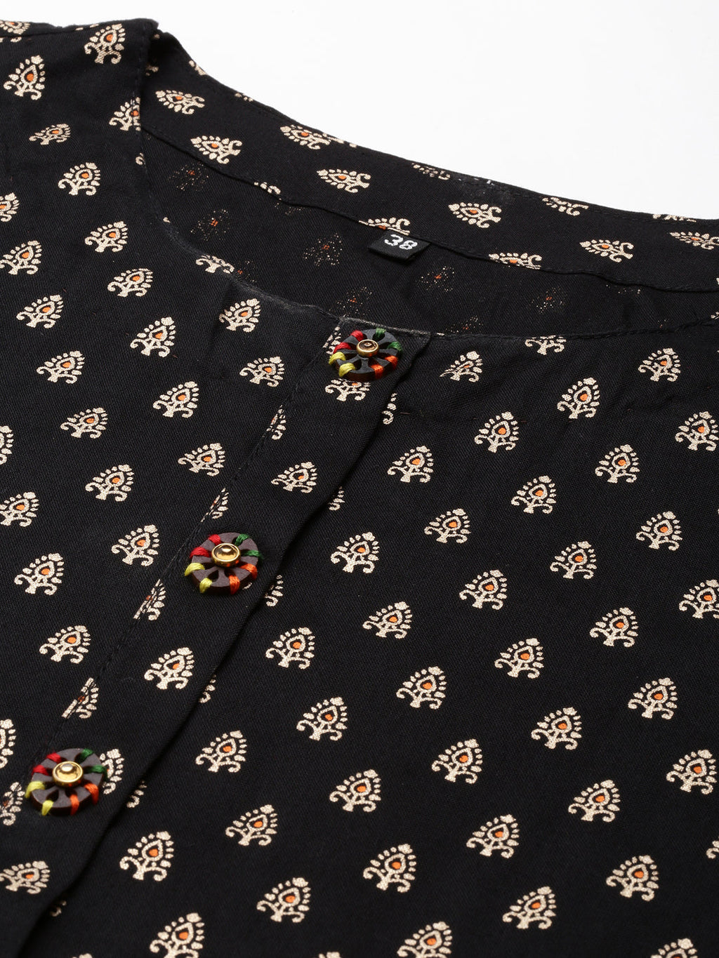 Women's Black Ethnic Motifs Printed Round Neck Straight Kurta