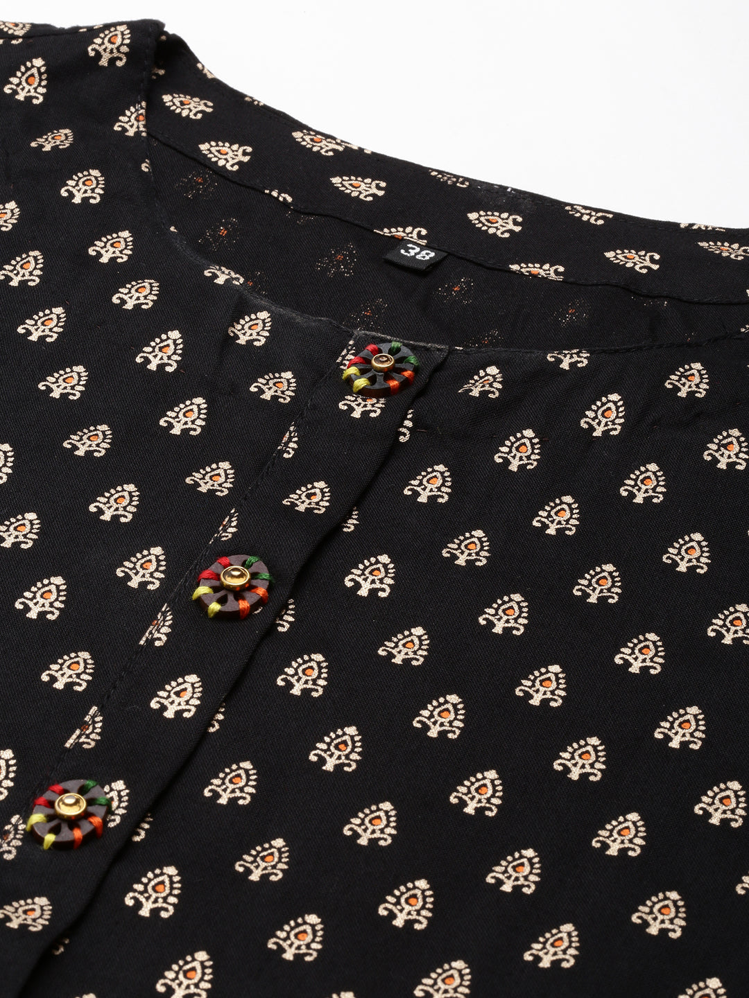 Women's Black Ethnic Motifs Printed Round Neck Straight Kurta