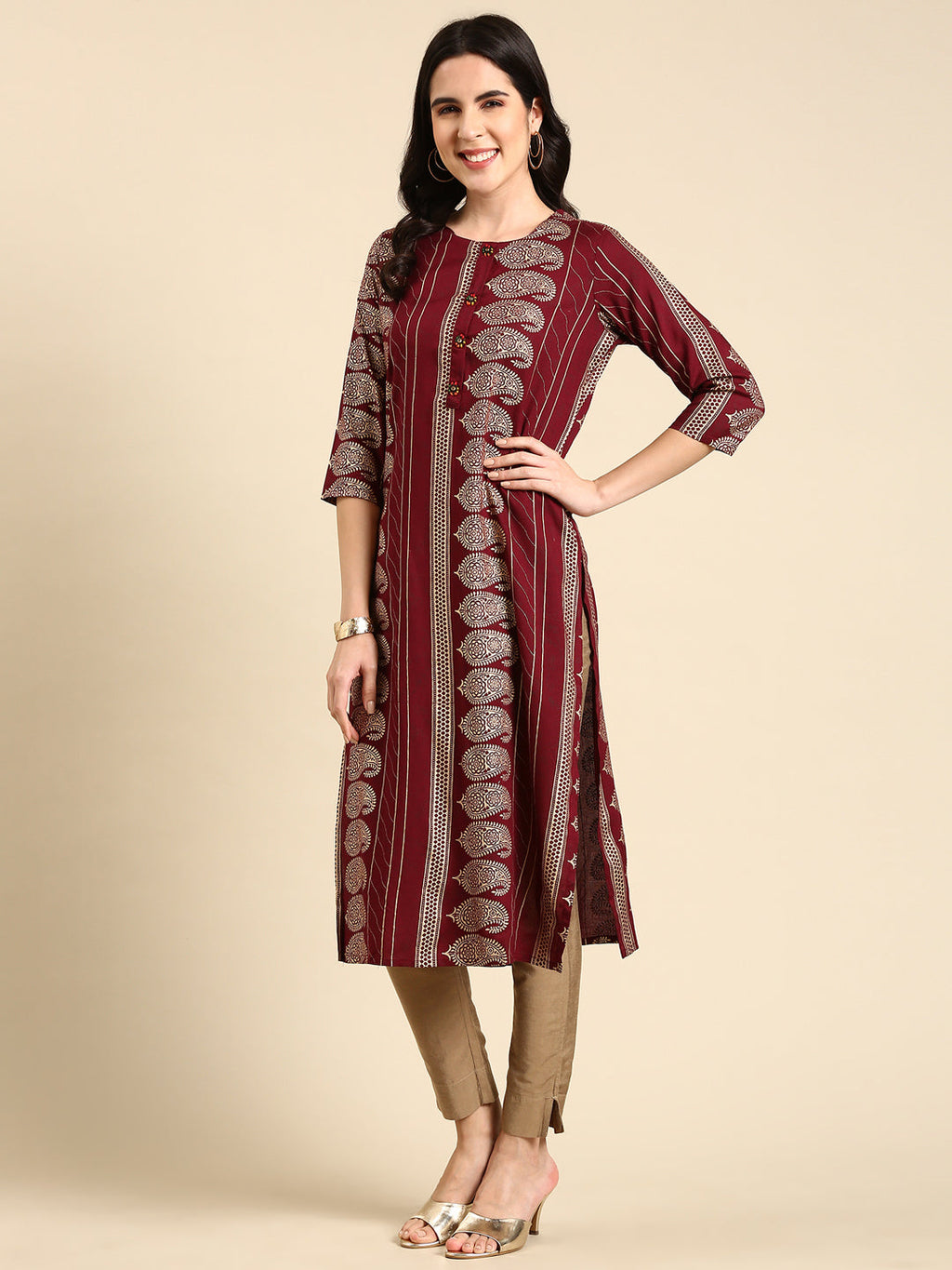 Women's Burgundy Printed Straight Kurta