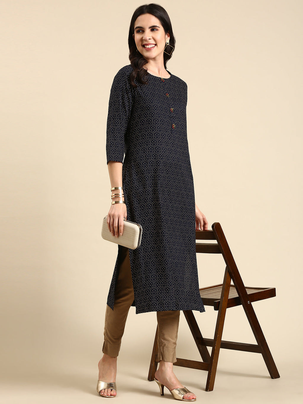 Women's Navy Blue Geometric Printed Straight Kurta