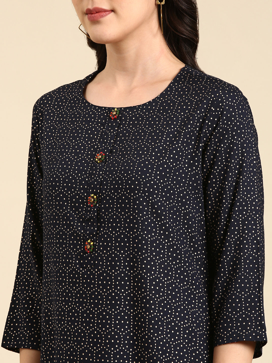 Women's Navy Blue Geometric Printed Straight Kurta