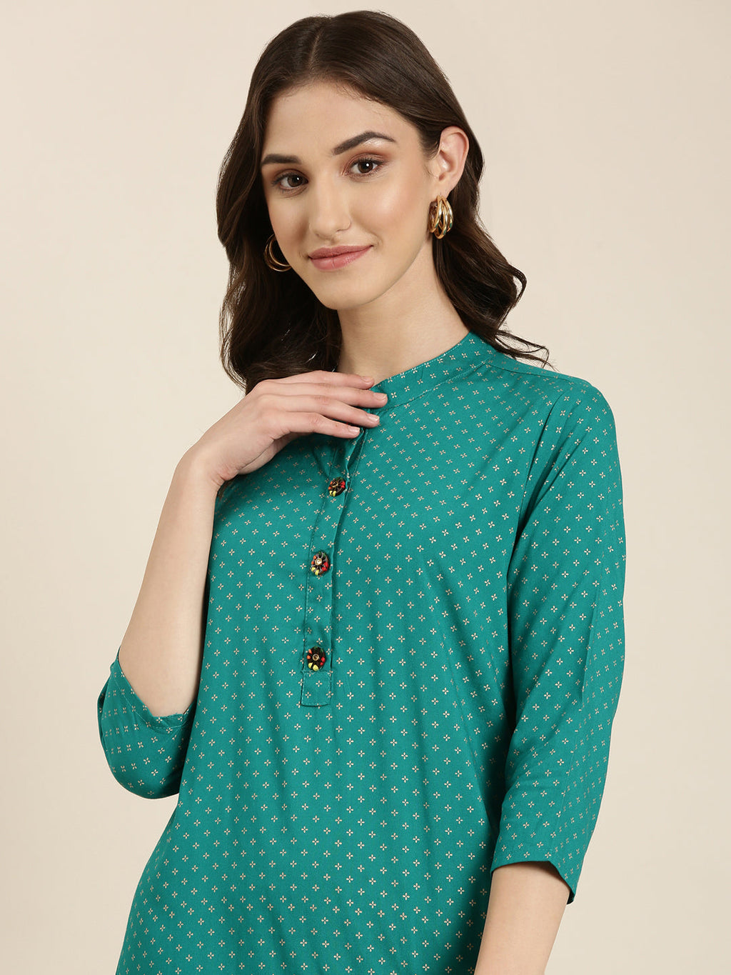 Women's Teal Floral Printed Band Collar Straight Kurta