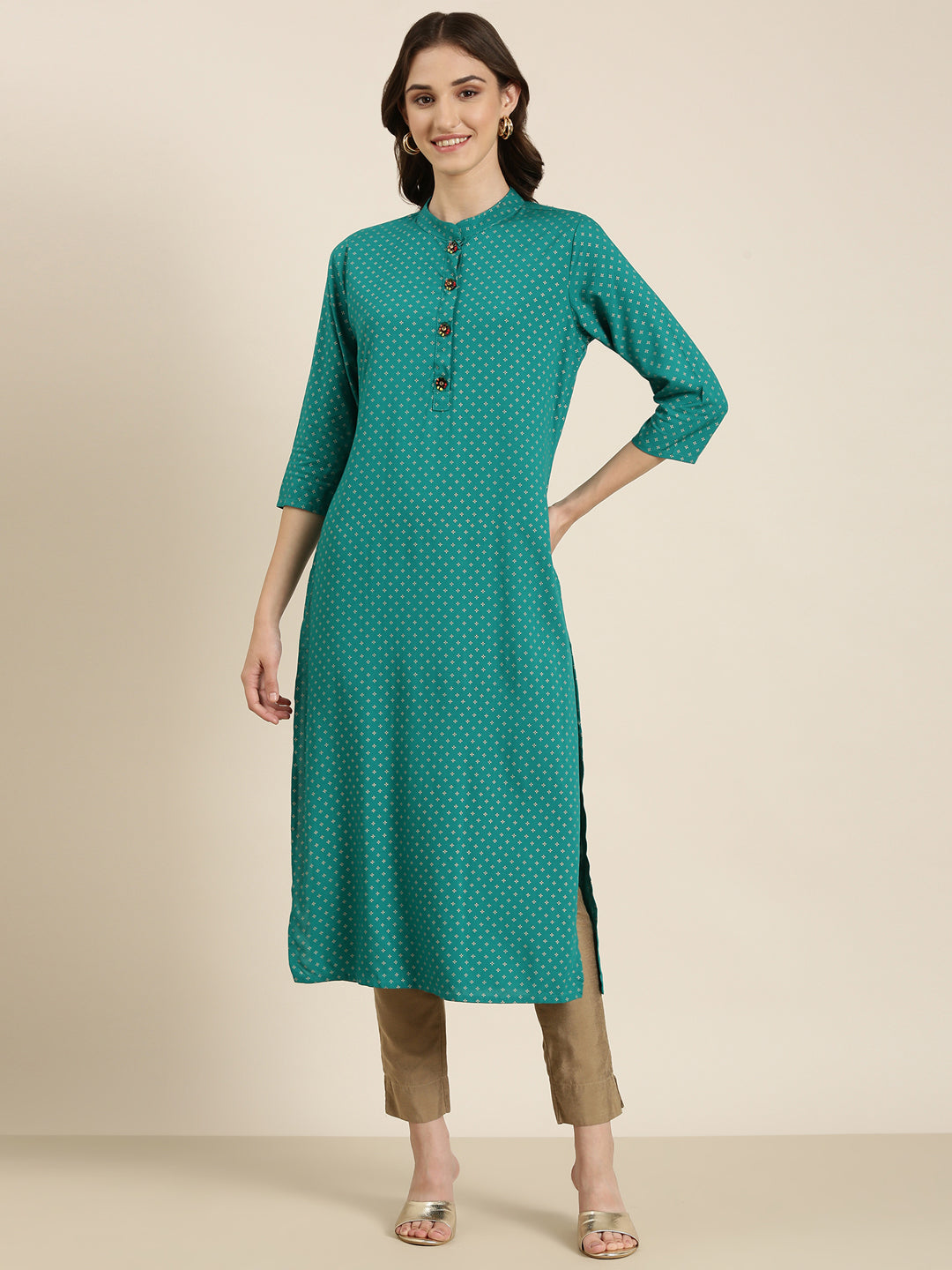 Women's Teal Floral Printed Band Collar Straight Kurta