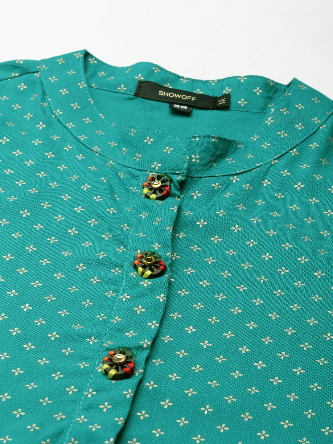 Women's Teal Floral Printed Band Collar Straight Kurta